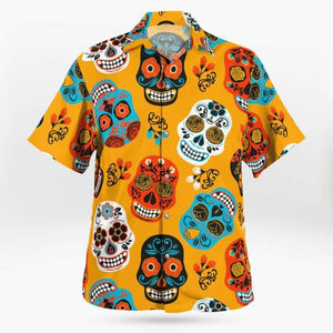 Yellow Background With Sugar Skulls And Flowers Hawaiian Shirt,Hawaiian Shirt Gift, Christmas Gift