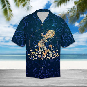 Amazing Aquarius Zodiac Symbol On Blue Pattern Hawaiian Shirt, Hawaiian Shirt Gift, Christmas Gift