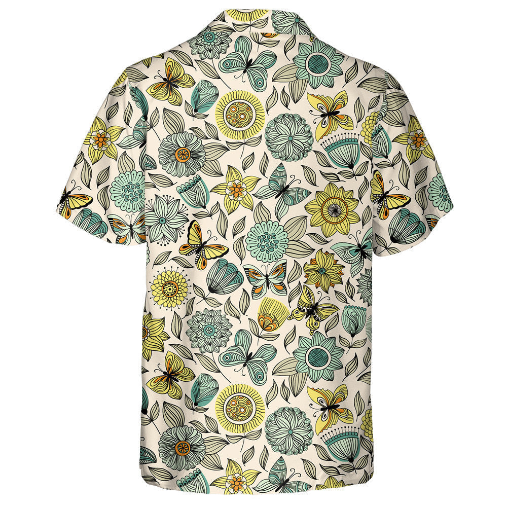 Hand Drawn Butterflies Flying Over The Flowers Hawaiian Shirt, Hawaiian Shirt Gift, Christmas Gift