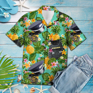 Tropical Pineapple Police Suit And Hat Pattern Hawaiian Shirt, Hawaiian Shirt Gift, Christmas Gift