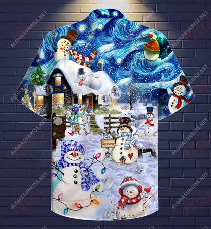 Snowman In Christmas Night Short Short Sleeve Shirt Hobbies Hawaiian T Shirts Custom Hawaiian Shirts Hawaiian Shirts For Men, Hawaiian Shirt Gift, Christmas Gift