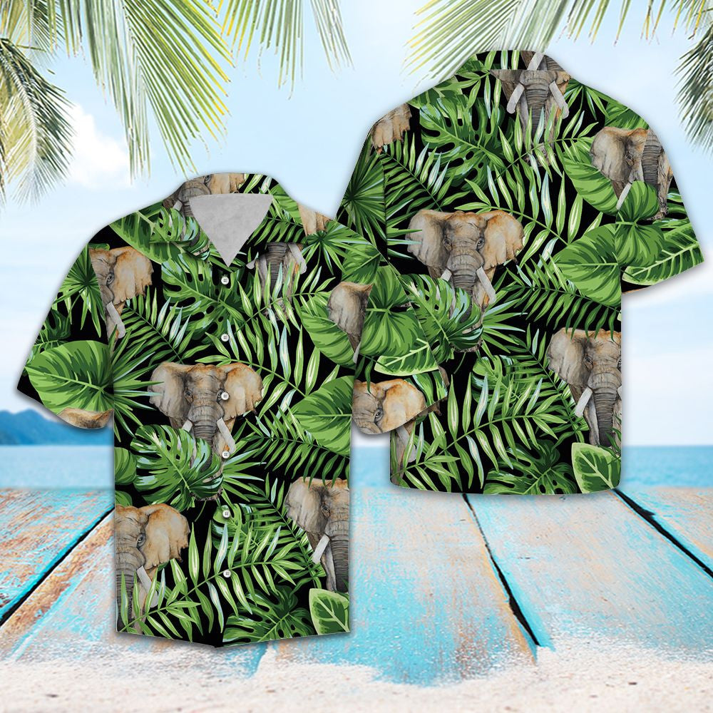 Deluxe Elephant Green Tropical Leaves Hawaiian Shirt,Hawaiian Shirt Gift, Christmas Gift