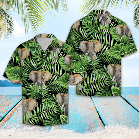 Deluxe Elephant Green Tropical Leaves Hawaiian Shirt,Hawaiian Shirt Gift, Christmas Gift