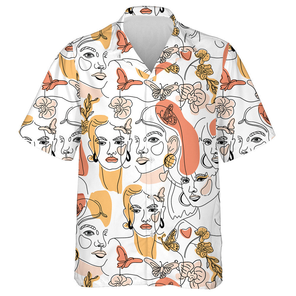 Theme Womans Face Minimal Line Style And Butterfly Hawaiian Shirt, Hawaiian Shirt Gift, Christmas Gift
