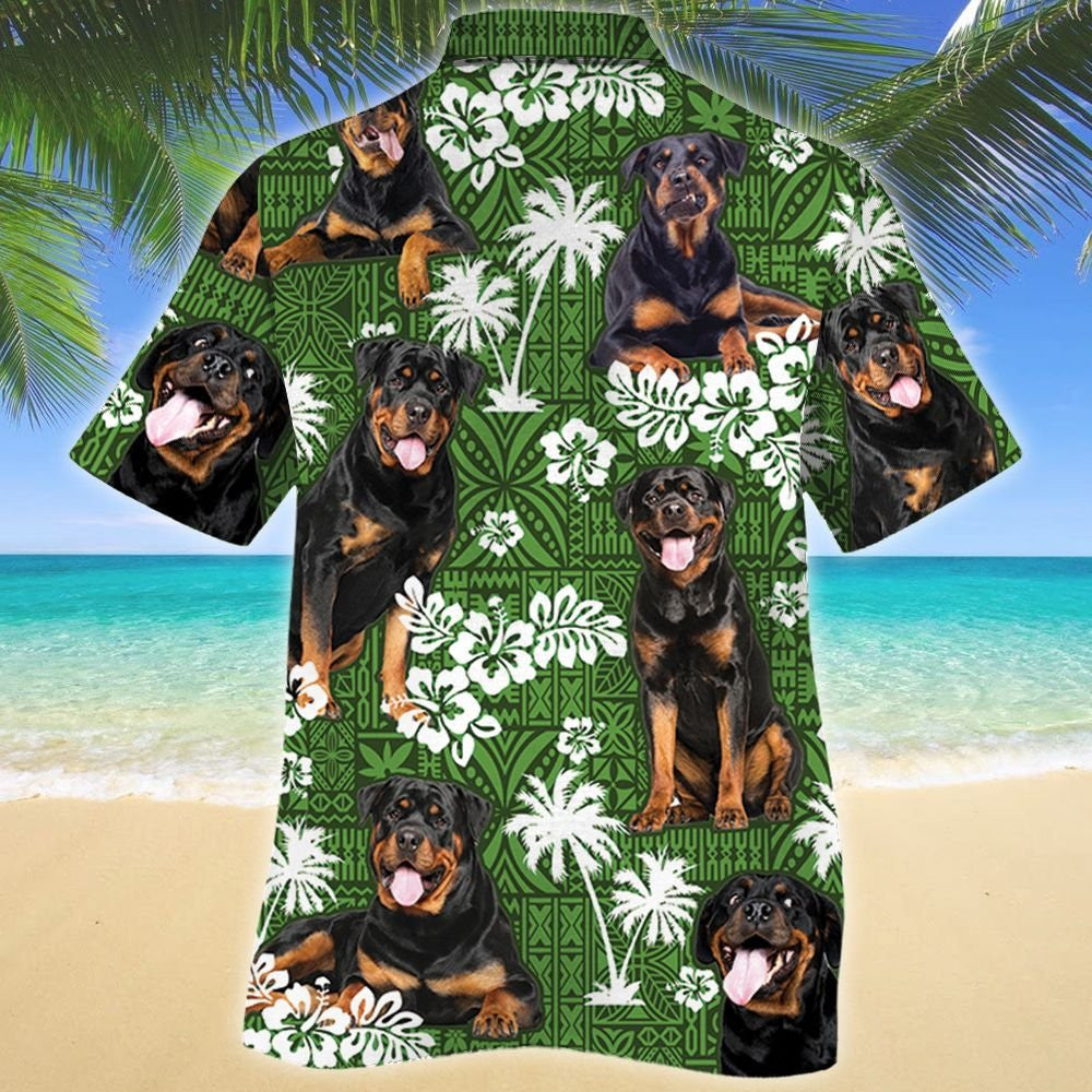 Rottweiler Dog Tongue Out On Green Tribal Pattern Hawaiian Shirt, Hawaiian Shirt Gift, Christmas Gift
