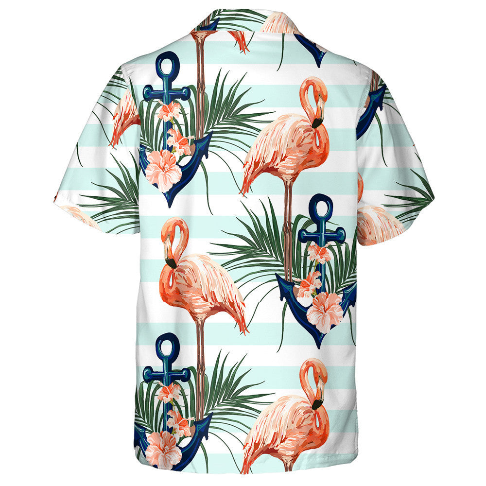 Beautiful Flamingo With Blue Anchor And Palm Leaves Hawaiian Shirt, Hawaiian Shirt Gift, Christmas Gift