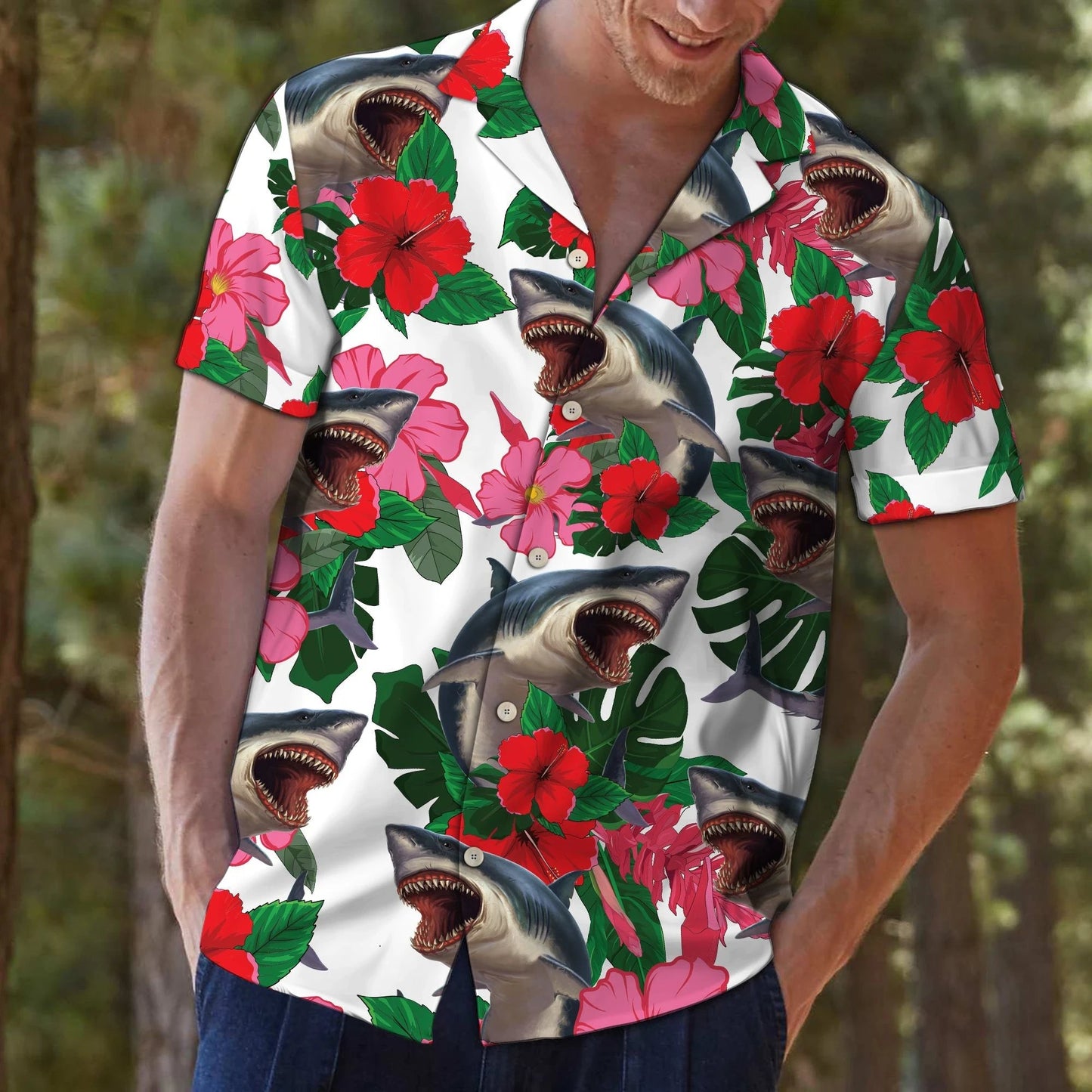 Shark Bite With Pink And Red Hibiscus Leaves Pattern Hawaiian Shirt, Hawaiian Shirt Gift, Christmas Gift