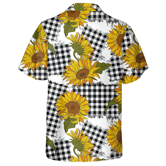 Vintage Farmhouse Bright Sunflower Flowers On Checkered Patches Hawaiian Shirt, Hawaiian Shirt Gift, Christmas Gift