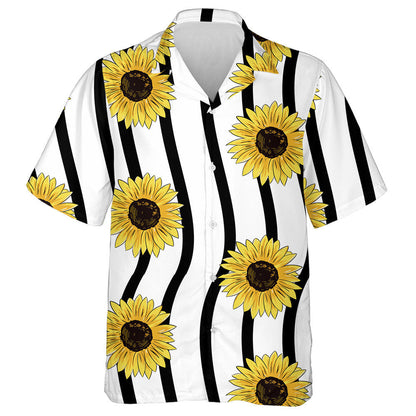 Sunflower Hippie Symbol On Black Wavy Striped Background Hawaiian Shirt, Hawaiian Shirt Gift, Christmas Gift