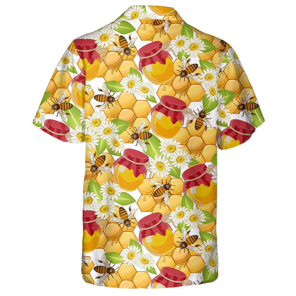 Jars Of Honey Bee And Flowers On A White Background Hawaiian Shirt, Hawaiian Shirt Gift, Christmas Gift