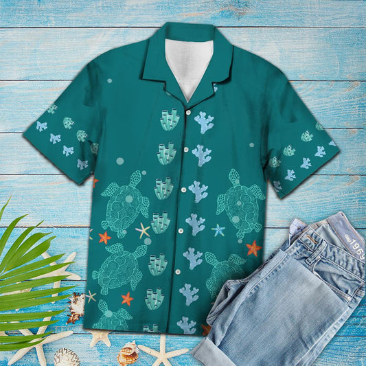 Teal Sea Turtle And Coral Under Ocean Hawaiian Shirt, Hawaiian Shirt Gift, Christmas Gift