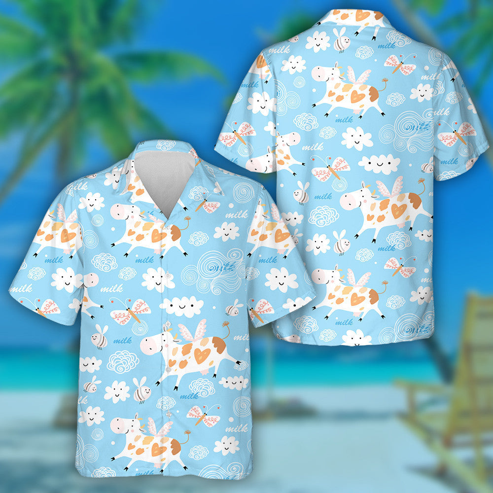 Doodle Style Flying Cow And Bee In The Sky Hawaiian Shirt, Hawaiian Shirt Gift, Christmas Gift