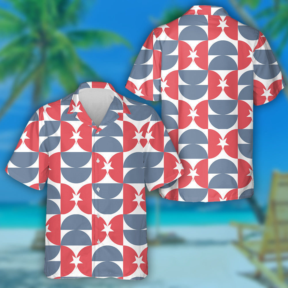 Mid Century Shape With Star USA Flag Colors Hawaiian Shirt, Hawaiian Shirt Gift, Christmas Gift