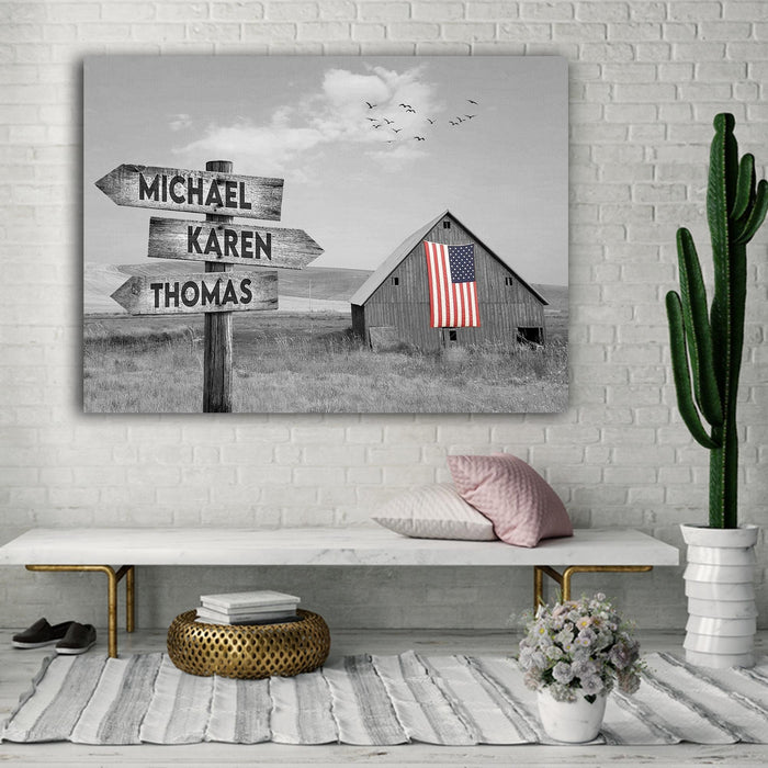 American Flag, Street Signs Canvas, Black & White Canvas