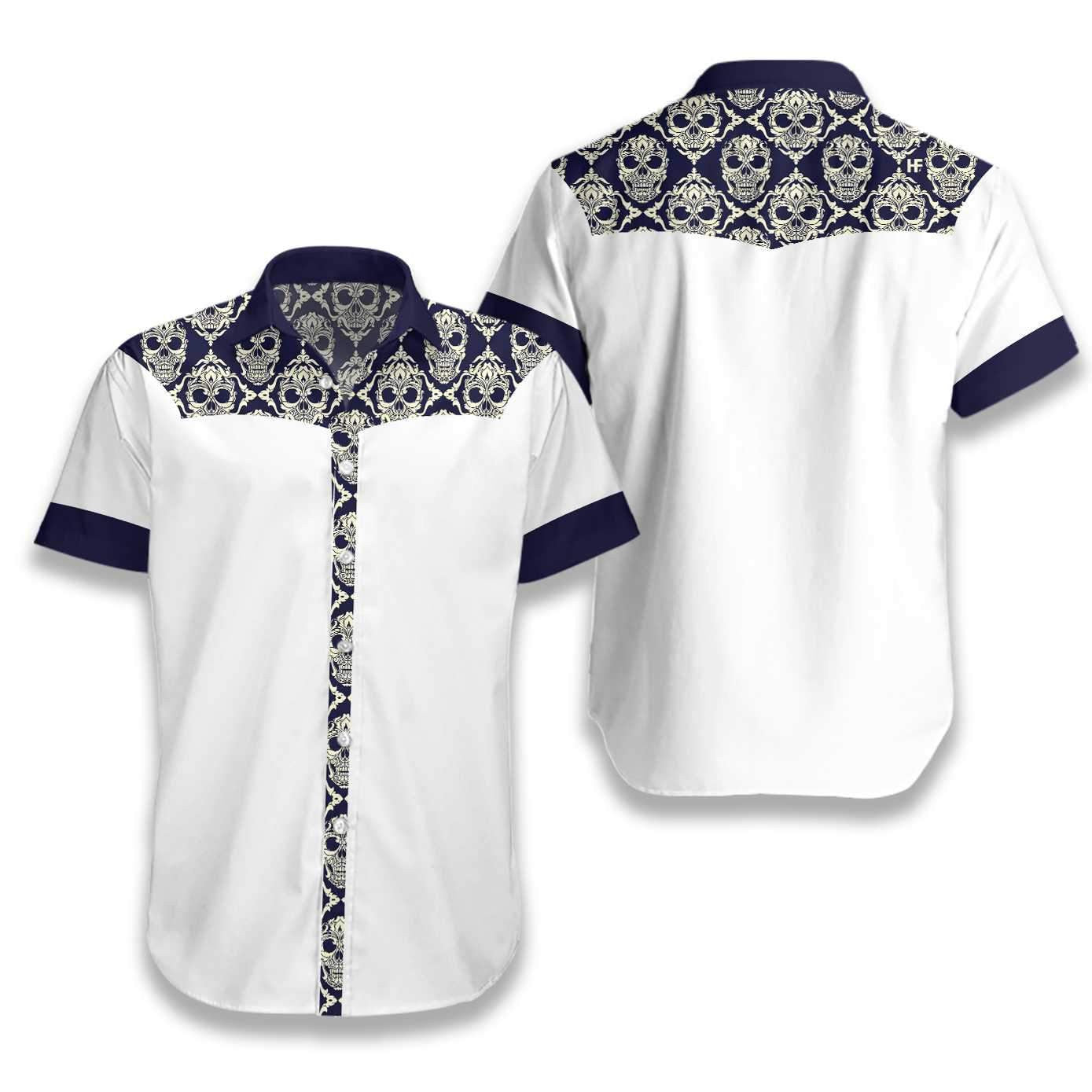 Ornamental Skull Seamless Pattern Blue And White Design Hawaiian Shirt, Hawaiian Shirt Gift, Christmas Gift