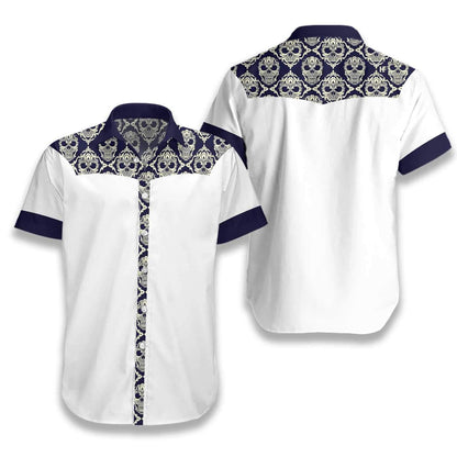 Ornamental Skull Seamless Pattern Blue And White Design Hawaiian Shirt, Hawaiian Shirt Gift, Christmas Gift