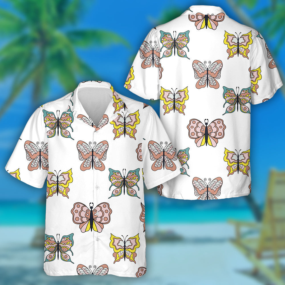Hand Drawn Collection Of Cartoon Butterflies Hawaiian Shirt, Hawaiian For Gift