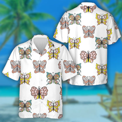 Hand Drawn Collection Of Cartoon Butterflies Hawaiian Shirt, Hawaiian For Gift