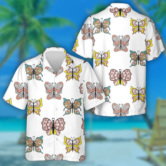 Hand Drawn Collection Of Cartoon Butterflies Hawaiian Shirt, Hawaiian For Gift