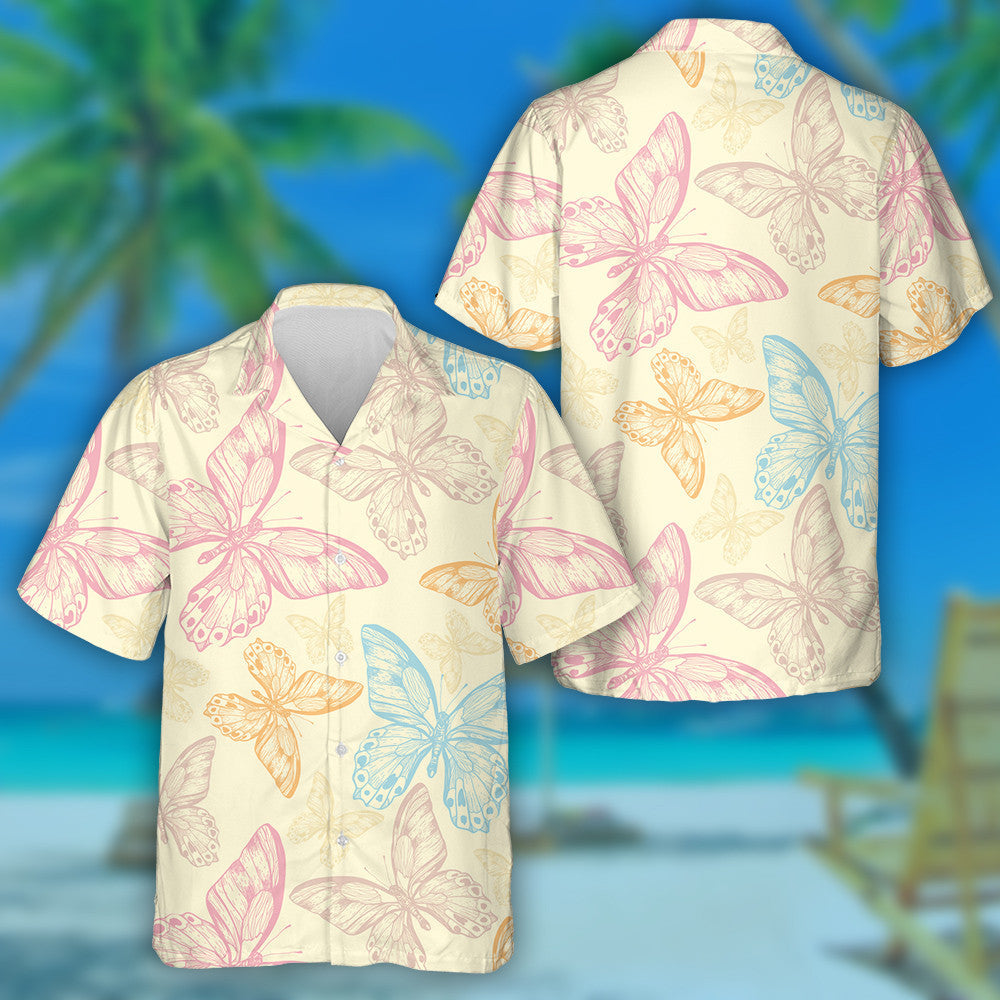 Flying Multicolored Butterflies On Yellow Background Hawaiian Shirt,Hawaiian Shirt Gift, Christmas Gift