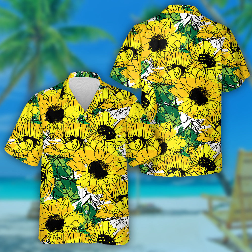 Golden Yellow And Orange Sunflowers With Green Leaves Hawaiian Shirt, Hawaiian Shirt Gift, Christmas Gift