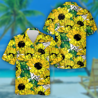 Golden Yellow And Orange Sunflowers With Green Leaves Hawaiian Shirt, Hawaiian Shirt Gift, Christmas Gift