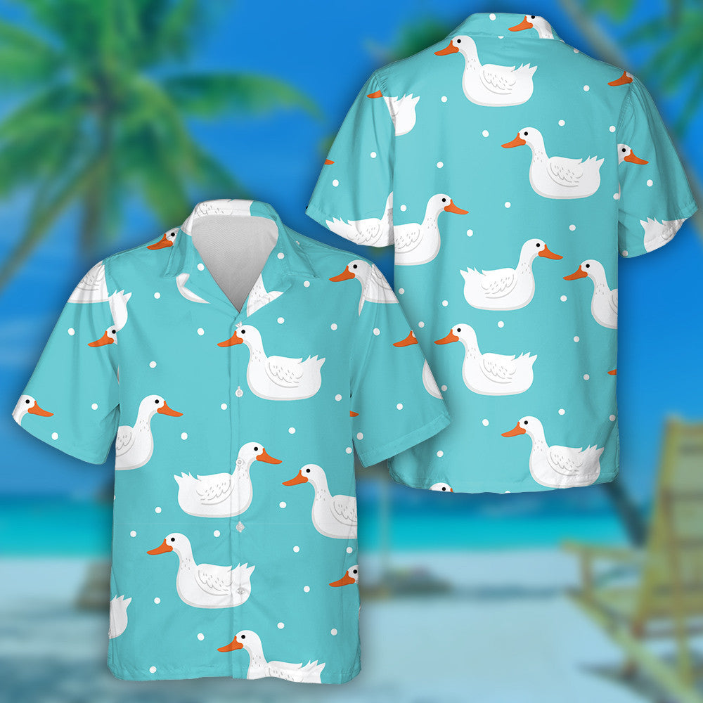 Hand Drawn White Duck And Snow Dot Hawaiian Shirt, Hawaiian Shirt Gift, Christmas Gift