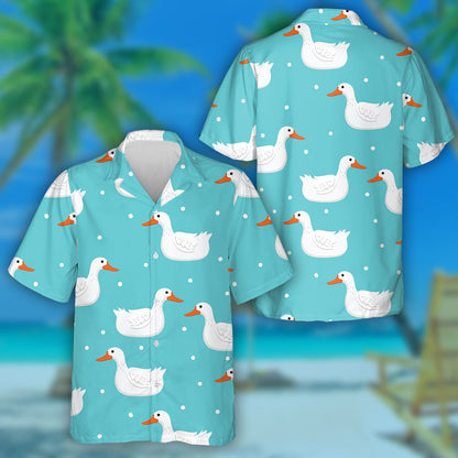 Hand Drawn White Duck And Snow Dot Hawaiian Shirt, Hawaiian Shirt Gift, Christmas Gift