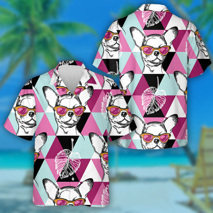 Chihuahua Dog In Pink Glasses With Pink Triangles Hawaiian Shirt, Hawaiian Shirt Gift, Christmas Gift