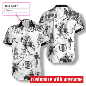 Black And White Hockey Players Custom Name Hawaiian Shirt, Hawaiian Shirt Gift, Christmas Gift