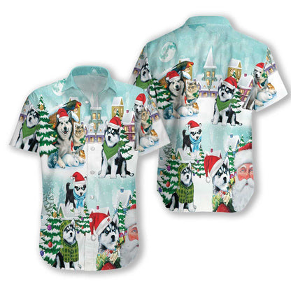 Cute Husky With Green Scarf In Snow Merry Christmas Hawaiian Shirt, Hawaiian Shirt Gift, Christmas Gift
