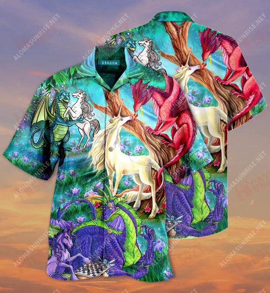 Dragon Unicorn Love Short Hawaiian Shirt Ocean Hawaiian T Shirts Tactical Hawaiian Shirt Hawaiian Shirt Pattern, Hawaiian Shirt Gift, Christmas Gift