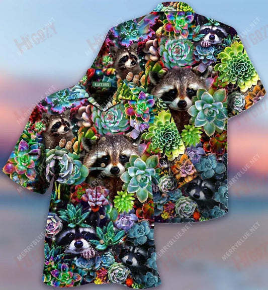 Raccoon Succulent Short Hawaiian Shirt Ocean Hawaiian T Shirts Tactical Hawaiian Shirt Hawaiian Shirts For Women, Hawaiian Shirt Gift, Christmas Gift