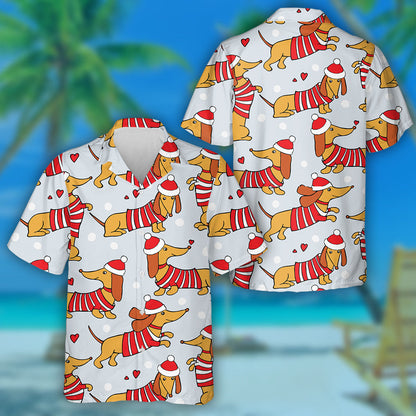 Cartoon Dogs Dachshund In Santa Hats Hawaiian Shirt, Hawaiian For Gift