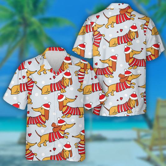 Cartoon Dogs Dachshund In Santa Hats Hawaiian Shirt, Hawaiian For Gift
