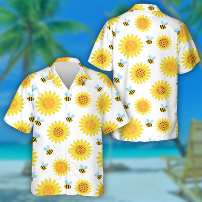 Bees Flying Cartoon With Plaid Sunflower Illustration Hawaiian Shirt, Hawaiian Shirt Gift, Christmas Gift