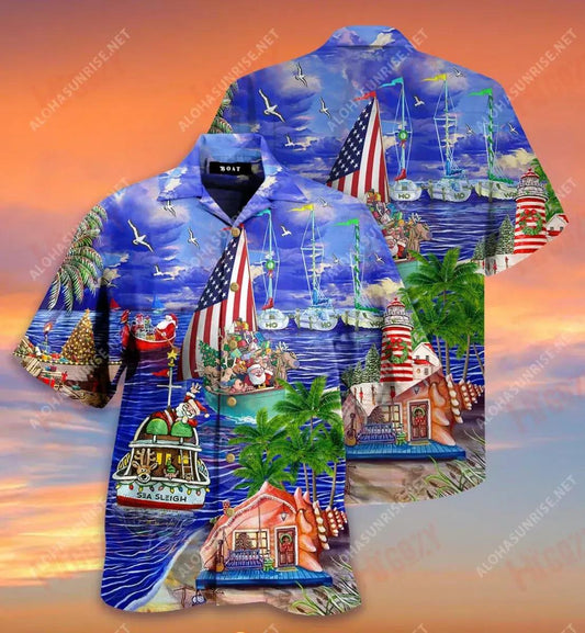 Santa Claus On Sea Sleigh Boat Come To Christmas Short Hawaiian Shirt Vacation Tropical Shirts Hawaiian Crazy Shirts Funny Hawaiian Shirts, Hawaiian Shirt Gift, Christmas Gift