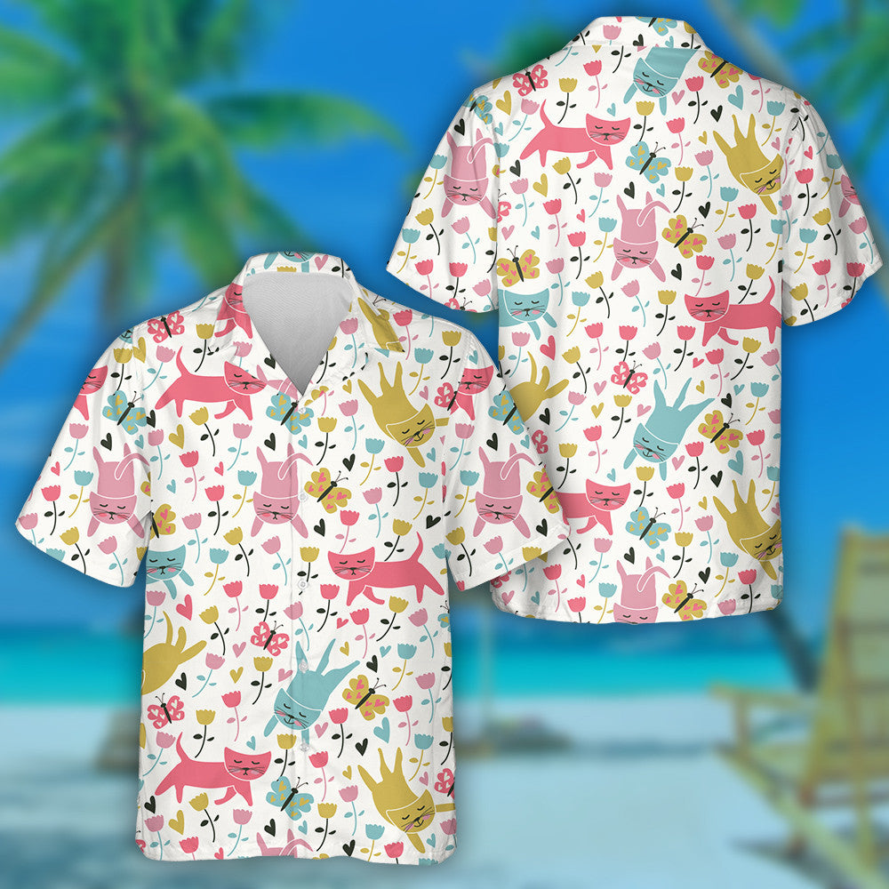 Funny Cats Flowers And Butterflies In Cartoon Style Hawaiian Shirt, Hawaiian Shirt Gift, Christmas Gift