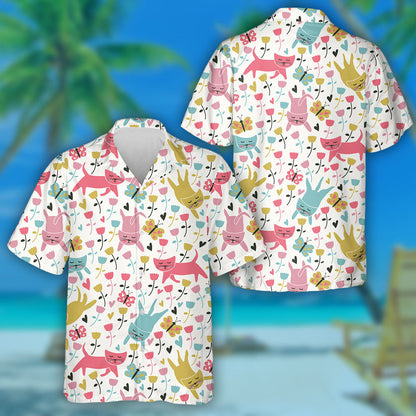 Funny Cats Flowers And Butterflies In Cartoon Style Hawaiian Shirt, Hawaiian Shirt Gift, Christmas Gift