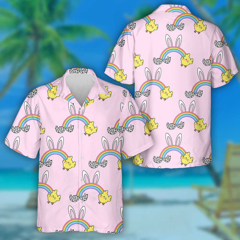 Spring Rainbow With Bunny Rabbit And Cute Chicken Hawaiian Shirt, Hawaiian Shirt Gift, Christmas Gift