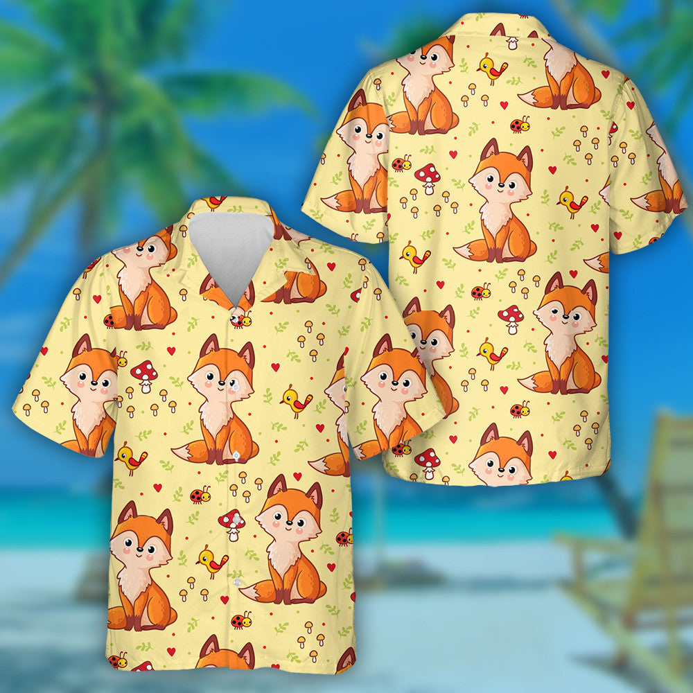 Lovely Baby Fox On A Background Of Mushrooms And Birds Hawaiian Shirt, Hawaiian Shirt Gift, Christmas Gift