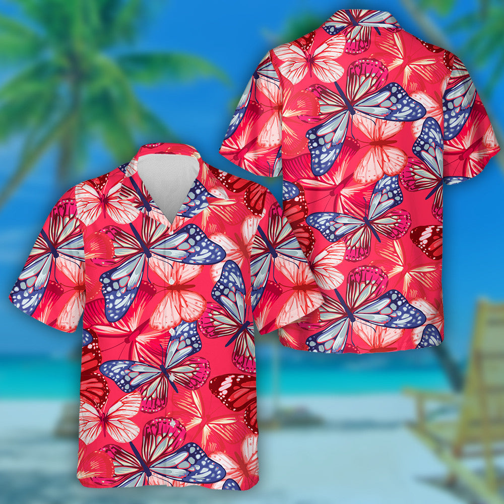 Marine Style With Butterflies Of Red And Blue Hawaiian Shirt, Hawaiian Shirt Gift, Christmas Gift