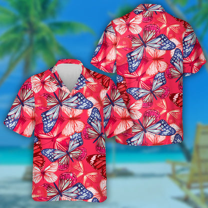 Marine Style With Butterflies Of Red And Blue Hawaiian Shirt, Hawaiian Shirt Gift, Christmas Gift