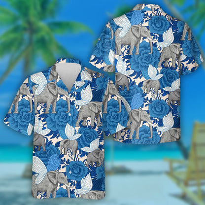 Blue Flowers And Flying Elephants With Butterfly Wings Hawaiian Shirt, Hawaiian Shirt Gift, Christmas Gift