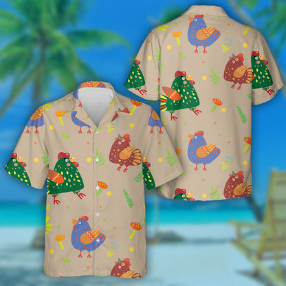 Colorful Funny Chicken With Egg Flower And Leaf Hawaiian Shirt, Hawaiian Shirt Gift, Christmas Gift