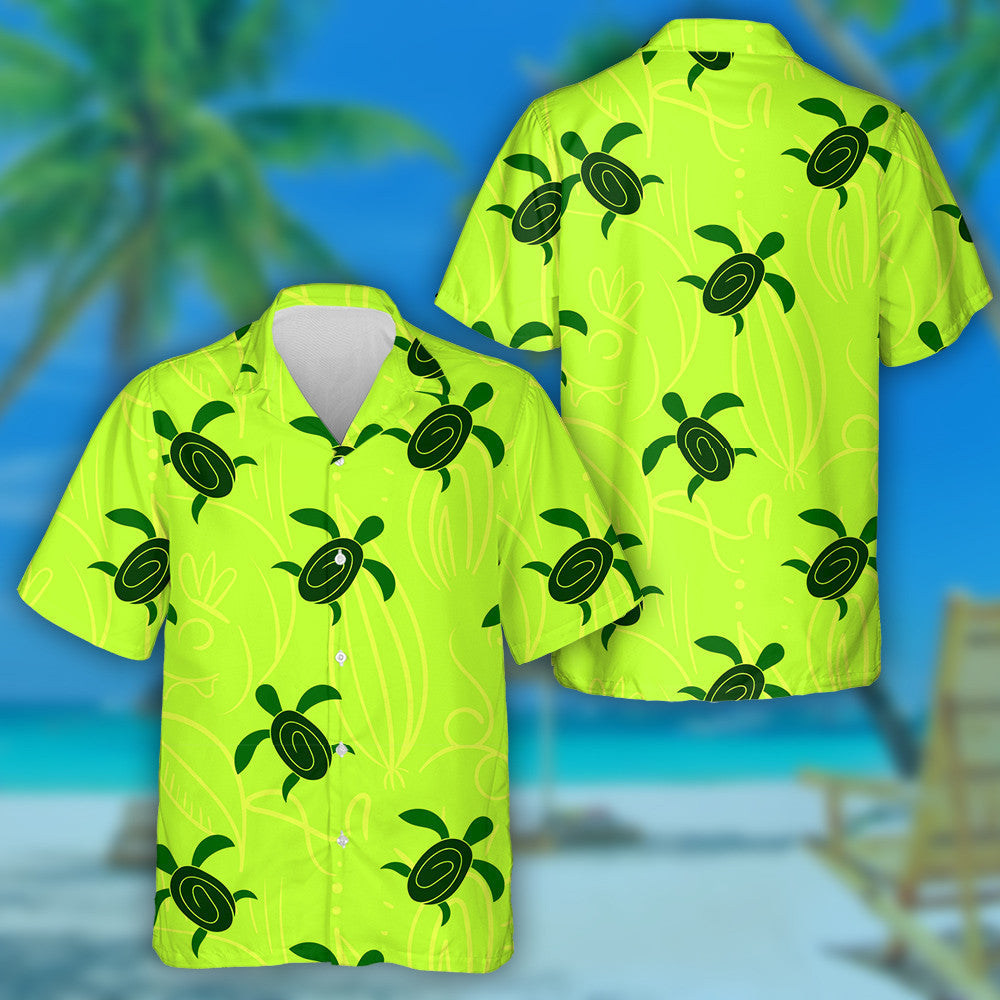 Hand Drawn Turtle Tribal On Neon Green Background Hawaiian Shirt, Hawaiian Shirt Gift, Christmas Gift