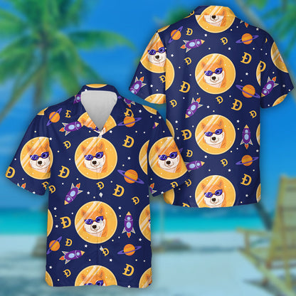 Cartoon Cryptocurrency Shiba Dog In Space Isolated Background Hawaiian Shirt, Hawaiian Shirt Gift, Christmas Gift