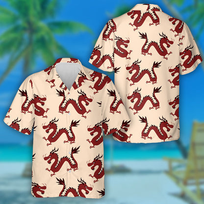 Retro Drawing Traditional Chinese Red Dragon Hawaiian Shirt,Hawaiian Shirt Gift, Christmas Gift