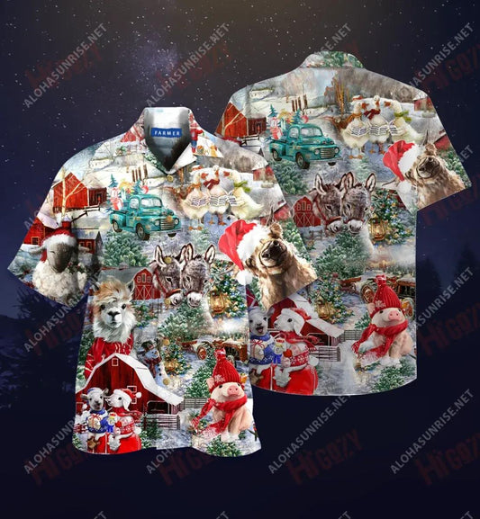 Christmas On Farm Short Hawaiian Shirt Vacation Short Sleeve Vintage Hawaiian Shirts Hawaiian Shirts For Men, Hawaiian Shirt Gift, Christmas Gift