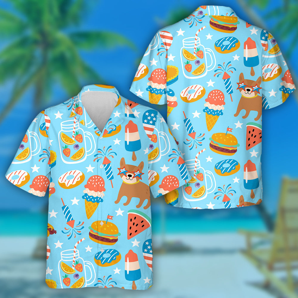 Independence Day And Cute Dog On Blue Hawaiian Shirt, Hawaiian Shirt Gift, Christmas Gift